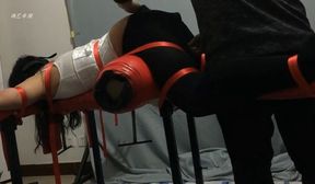 asian girl in pink hood tied & spanked