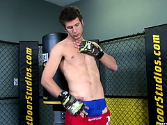 Horny brunette boy starts his full workout jerking his big boner