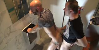 The French Muscle Pornstar Aymerci Deville Fucked Raw by A Top Daddy in Public Toilet