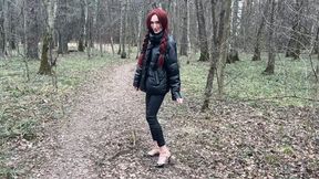 Walking through the woods with a girl in high heels
