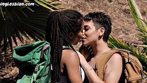 Lesbian ebony babe pussylicking big-titted babe outdoors