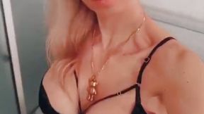 Corset and sexy b;ack lingerie and big boobs blonde
