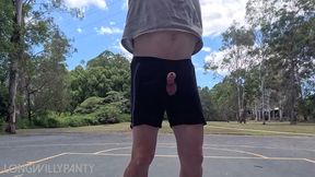 Straight guy hanging out his uncut cock at the public space.