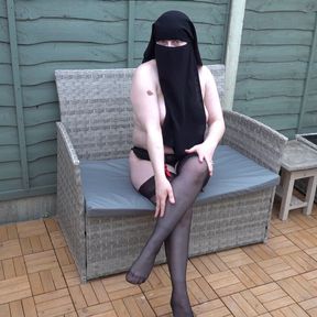 Naked in Niqab Stockings and Suspenders Crotch less knickers