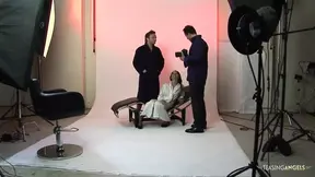 Instead of modeling photos the brunette and blonde milfs receive an anal foursome with DP