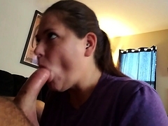 Brunette MILF cocksucker throats hard dick for a facial