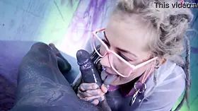 Glasses and Buttplug Tattooed TEEN Riding a Tattooed Dick Fucking DP Facial