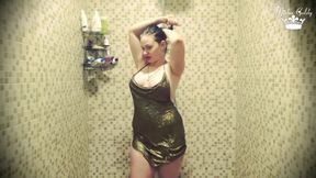 Dripping wet in clothes on shower &amp; seductive hair washing