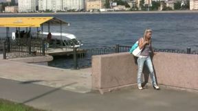 Sensual blonde Olga pees her pants on the embankment