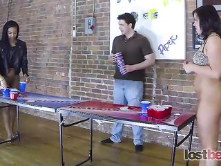 4 Marvelous gals play a game of undress beer pong