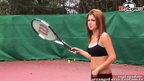 Blonde and brunette teen tennis babes get down and dirty in outdoor lesbian threesome