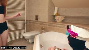 Kaira Love's tiny dick fails to satisfy her in the bathroom, but she still enjoys a steamy femdom blowjob