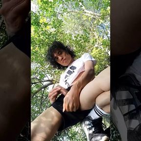 Adidas twink boy walking freeballing, wanking, cumming, pissing in public park