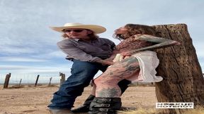 Pretty teen cowgirl welcomes rear fucked by cowboy's big cock