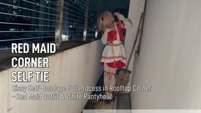 Red Maid Sissy Full Self-Bondage in Rooftop Corner - White Pantyhose Complete Tying Process