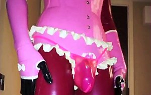 Total enclosed skinny rubberdoll fun with giant two dildos & fake cum on her rubber tits<