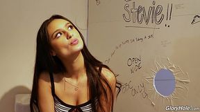 Lewd teen with dimples Eliza Ibarra gives an interview in the glory hole room