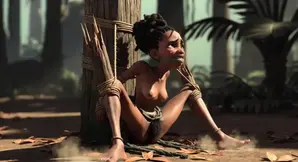 African girl bound in ropes, her hairy wet pussy craving for cock.