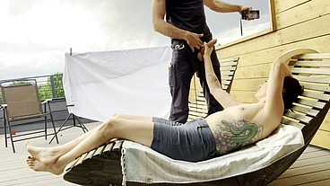 DICKFLASH ROOF ADVENTURE: part 2 a little redhead slut gives me fast cumshot on her and while her boyfriend waits