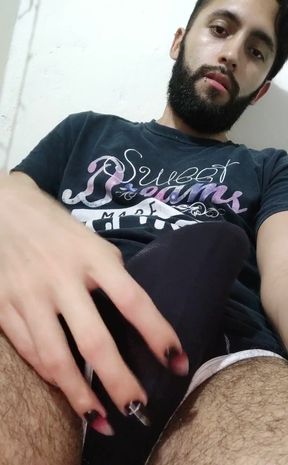 Jerking off inside my black undies and the cum oozes out