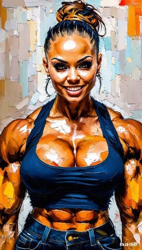 Muscled gym girl gives workout to her strong body