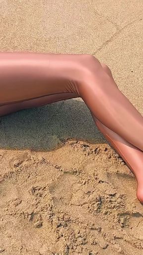 901 Shiny Gold Spandex Pantyhose and Leotard on the Beach