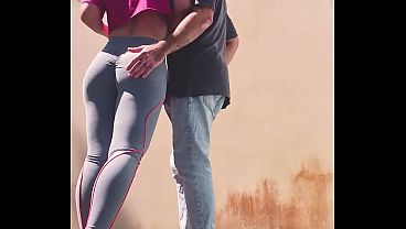Risky BBQ Fun &ndash_ Married Wife Teases Friend in Leggings &amp_ Swallows His Load