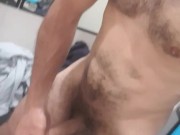 Fit stud quietly wanks and squirts Thick cum all over mattress