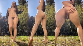 Big Booty Brunette w Full Bush Pees Outside Barefoot MOV