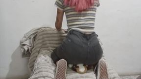 Squashing my teddy bear with my black jeans