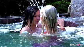 Sexy MILF talk hot Virgin Girl with huge no silicon Boobs to Lesbo Fun in the Pool