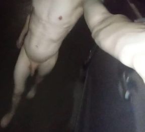 Tiny Dick Barefoot Nude Stroll Explodes Cum in Public Night