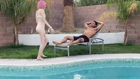 tiny pink haired trans cutie sucks huge cock by the pool & gets blowjob