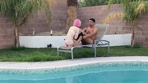 tiny pink haired trans cutie sucks huge cock by the pool & gets blowjob