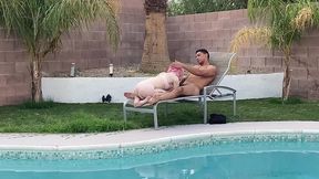 tiny pink haired trans cutie sucks huge cock by the pool & gets blowjob