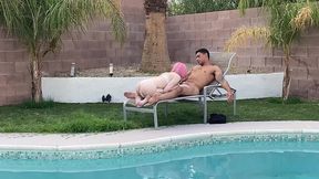 tiny pink haired trans cutie sucks huge cock by the pool & gets blowjob