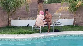 tiny pink haired trans cutie sucks huge cock by the pool & gets blowjob