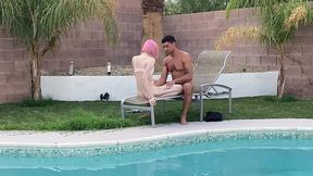 tiny pink haired trans cutie sucks huge cock by the pool & gets blowjob