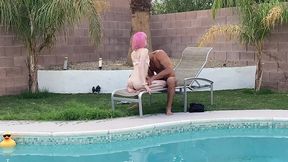 tiny pink haired trans cutie sucks huge cock by the pool & gets blowjob