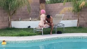 tiny pink haired trans cutie sucks huge cock by the pool & gets blowjob