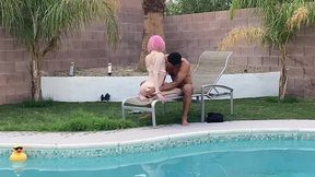 tiny pink haired trans cutie sucks huge cock by the pool & gets blowjob