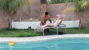 tiny pink haired trans cutie sucks huge cock by the pool & gets blowjob