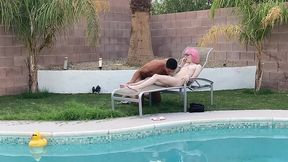tiny pink haired trans cutie sucks huge cock by the pool & gets blowjob
