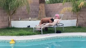 tiny pink haired trans cutie sucks huge cock by the pool & gets blowjob