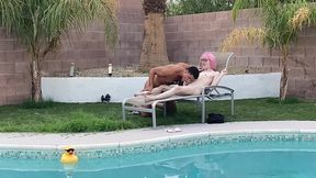 tiny pink haired trans cutie sucks huge cock by the pool & gets blowjob