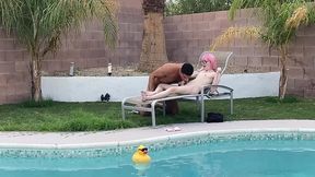 tiny pink haired trans cutie sucks huge cock by the pool & gets blowjob