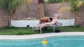 tiny pink haired trans cutie sucks huge cock by the pool & gets blowjob