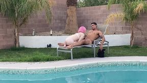 tiny pink haired trans cutie sucks huge cock by the pool & gets blowjob