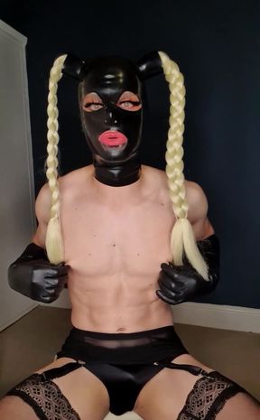 Dressed up in leather gloves and lingerie