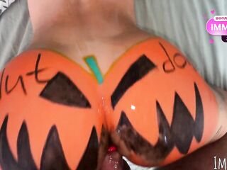 The local wench gets fucked by the whole town on Halloween